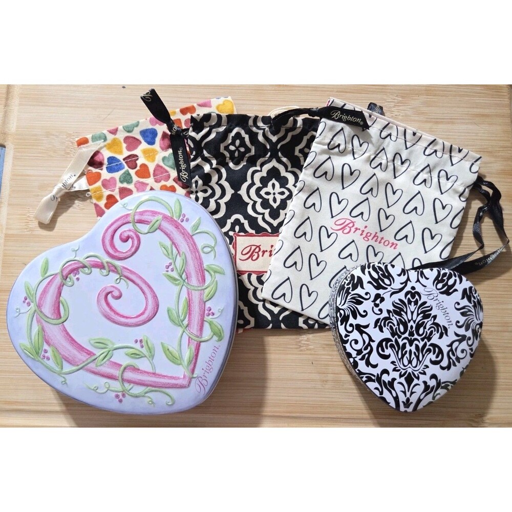 Brighton Drawstring Fabric Jewelry Pouch  Gift Bag Hearts 3 Bags + 2 Heart Tin